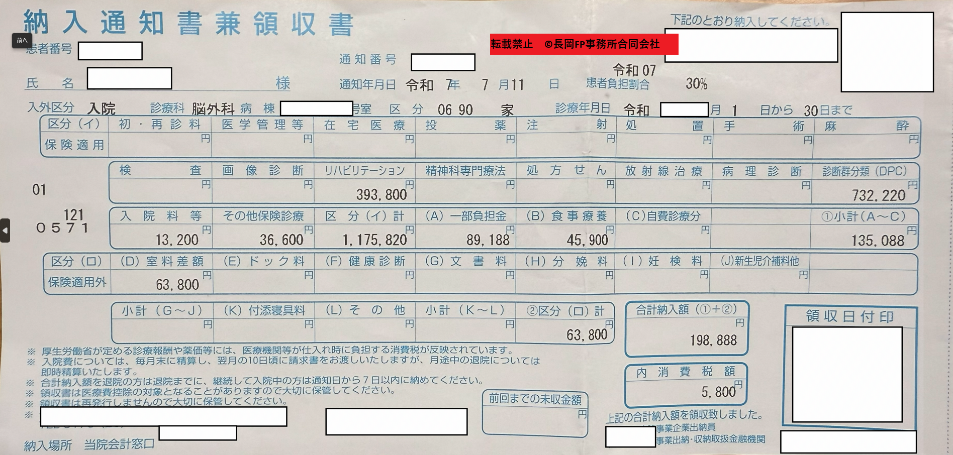 一か月の病院の請求額